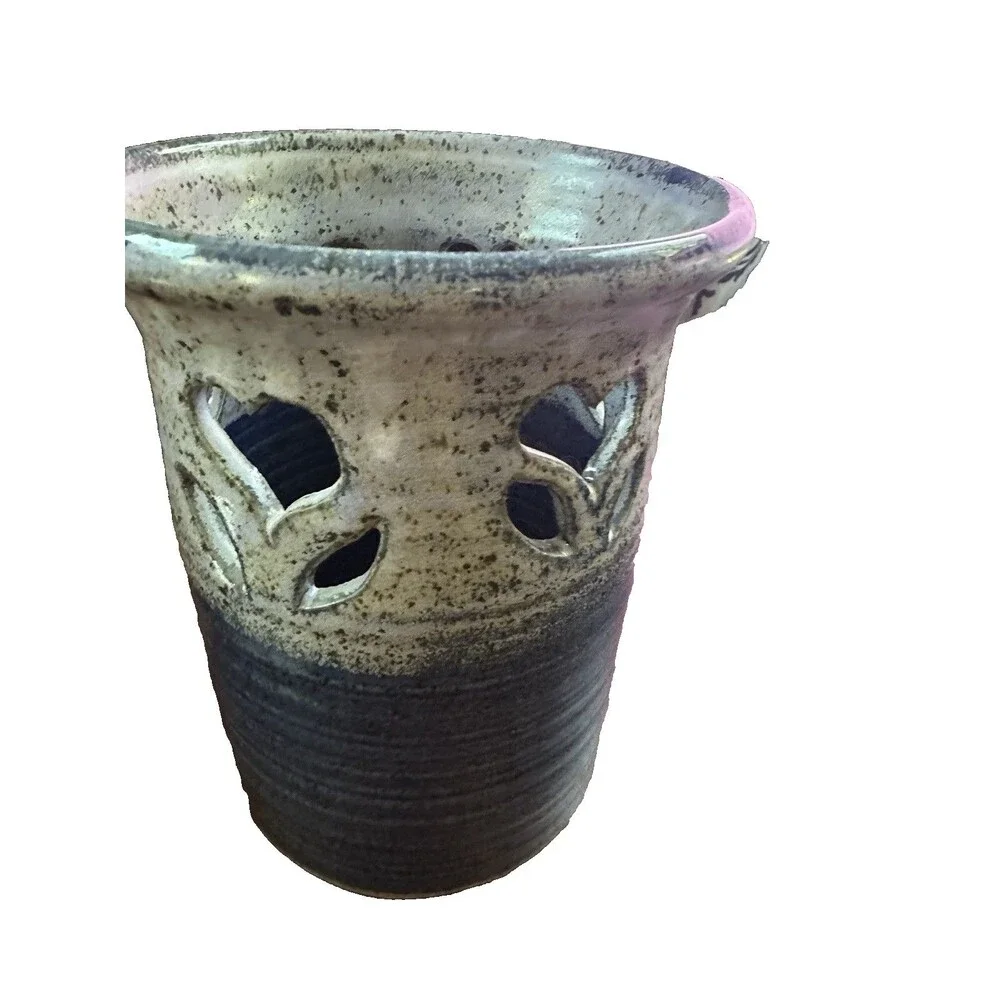 Paul Corbin Art Studio Pottery Stoneware Blue Gray Floral Cutout Utensil Holder